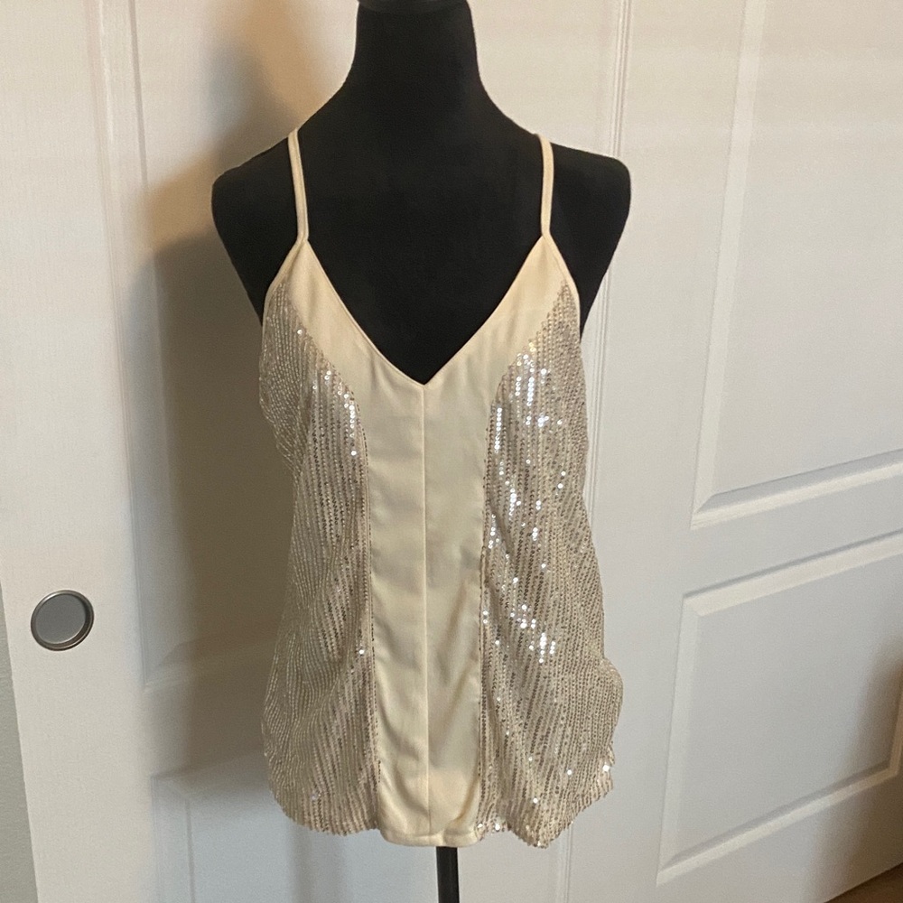 Ivory Sequin Camisole Tank with V-Neck